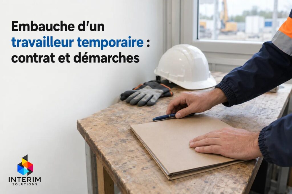 Personne tenant un crayon et un dossier posé sur un établi, près d’un casque de chantier posé sur la table.
