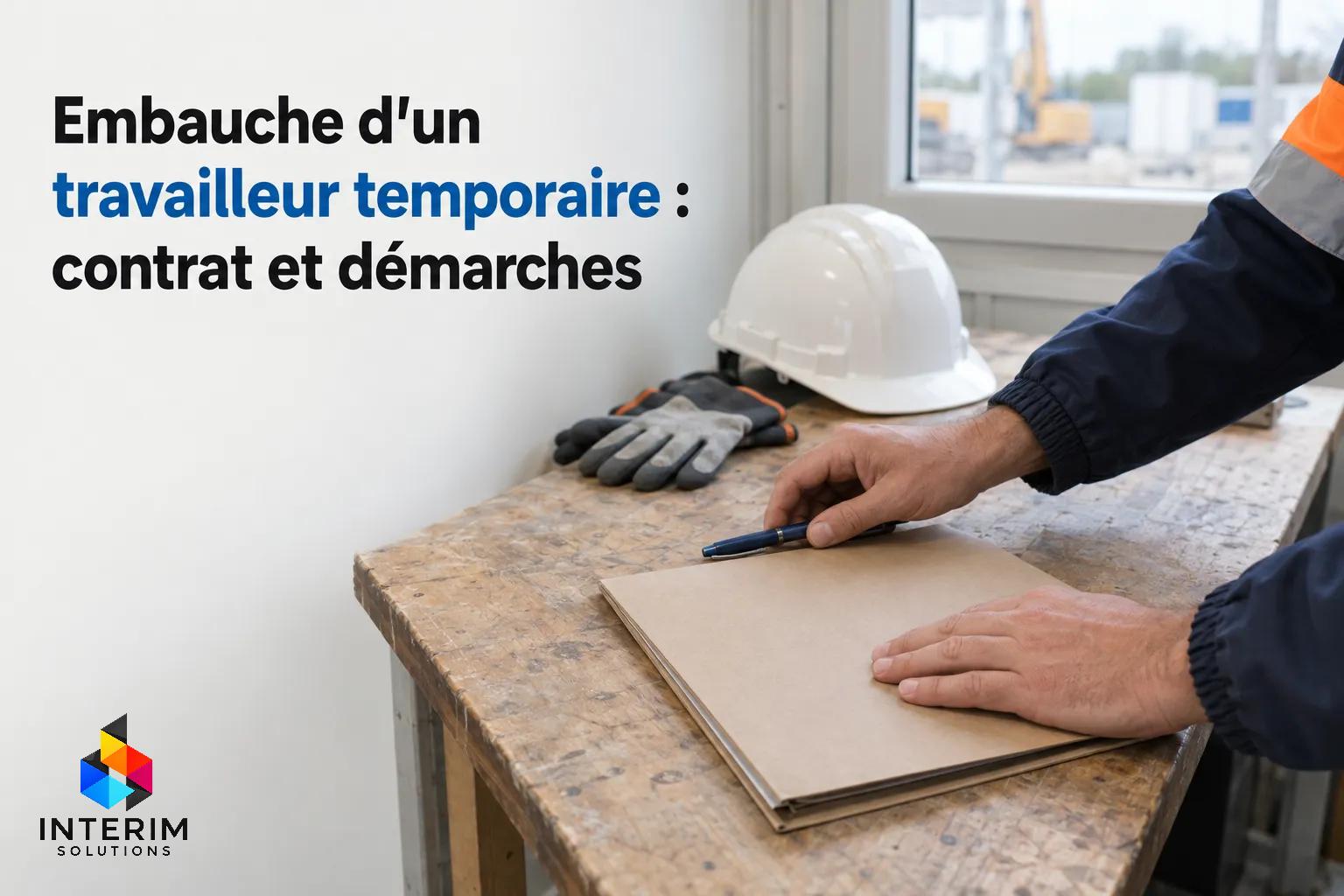 Personne tenant un crayon et un dossier posé sur un établi, près d’un casque de chantier posé sur la table.
