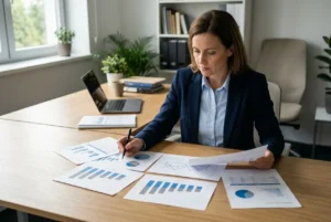 Professionnelle en bureau analysant des graphiques et chiffres pour adapter les effectifs selon demande entreprise.