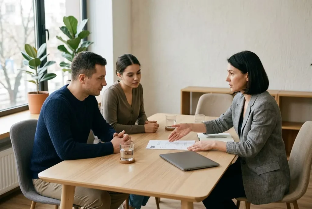 Réunion professionnelle autour d’un contrat: deux demandeurs d’emploi et une conseillère discutent, avec documents et ordinateur sur la table. Cabinets de recrutement en roumanie.