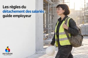 Une salariée en gilet jaune marche sur un chantier, portant un casque et un sac à dos.