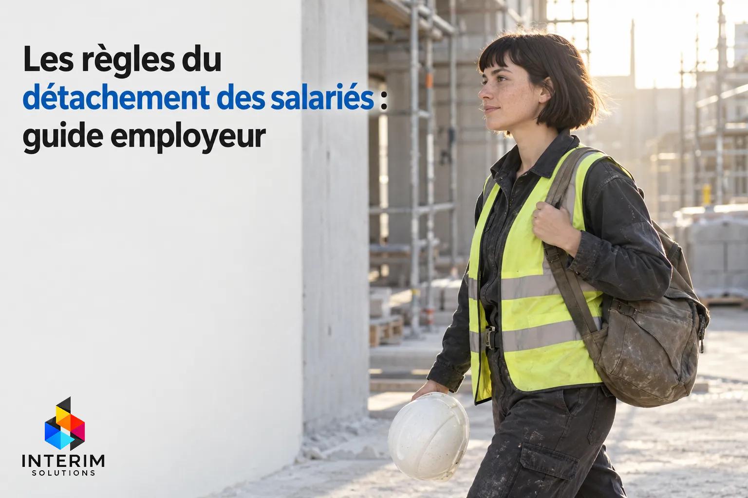 Une salariée en gilet jaune marche sur un chantier, portant un casque et un sac à dos.