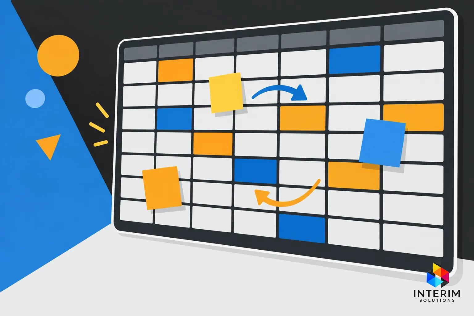 Tableau blanc numérique affichant un calendrier avec des post-it orange et bleu.