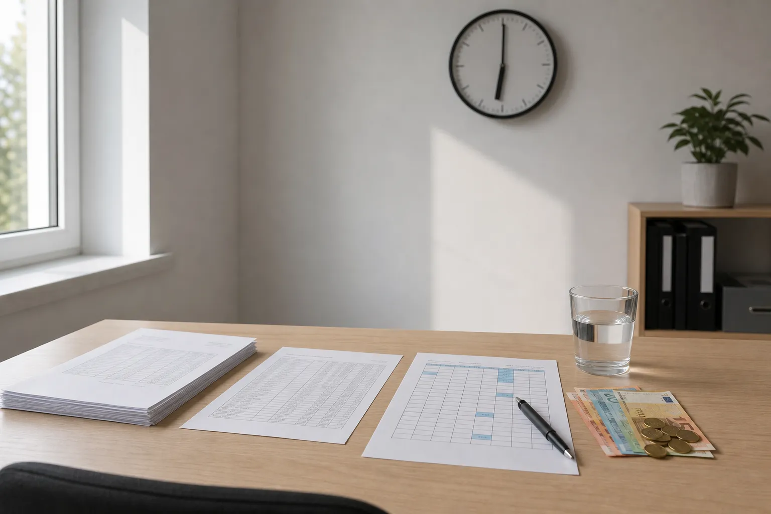 Tableau de travail avec documents, graphiques et monnaie? Non, une scène de bureau claire: papiers, graphiques et billets, près d’une fenêtre lumineuse. Intègre les mots-clés: caractéristiques d'un contrat de travail roumain, pour le contexte du droit en Roumanie.