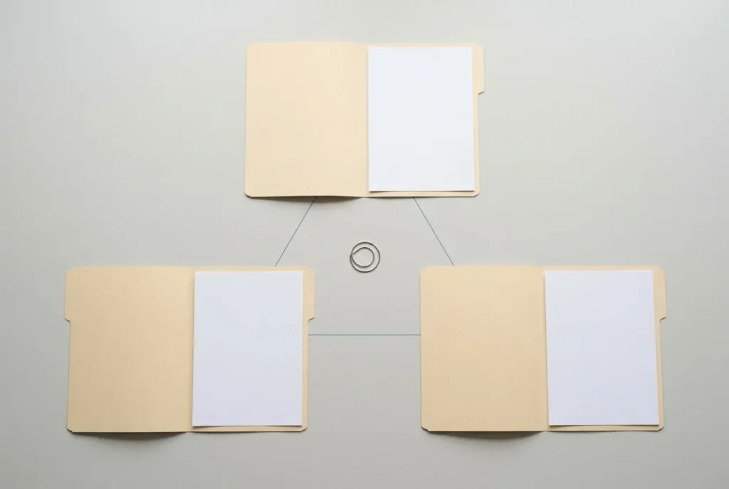 Trois dossiers reliés autour d’un anneau, suggérant une organisation de documents pour un contrat de mission temporaire.
