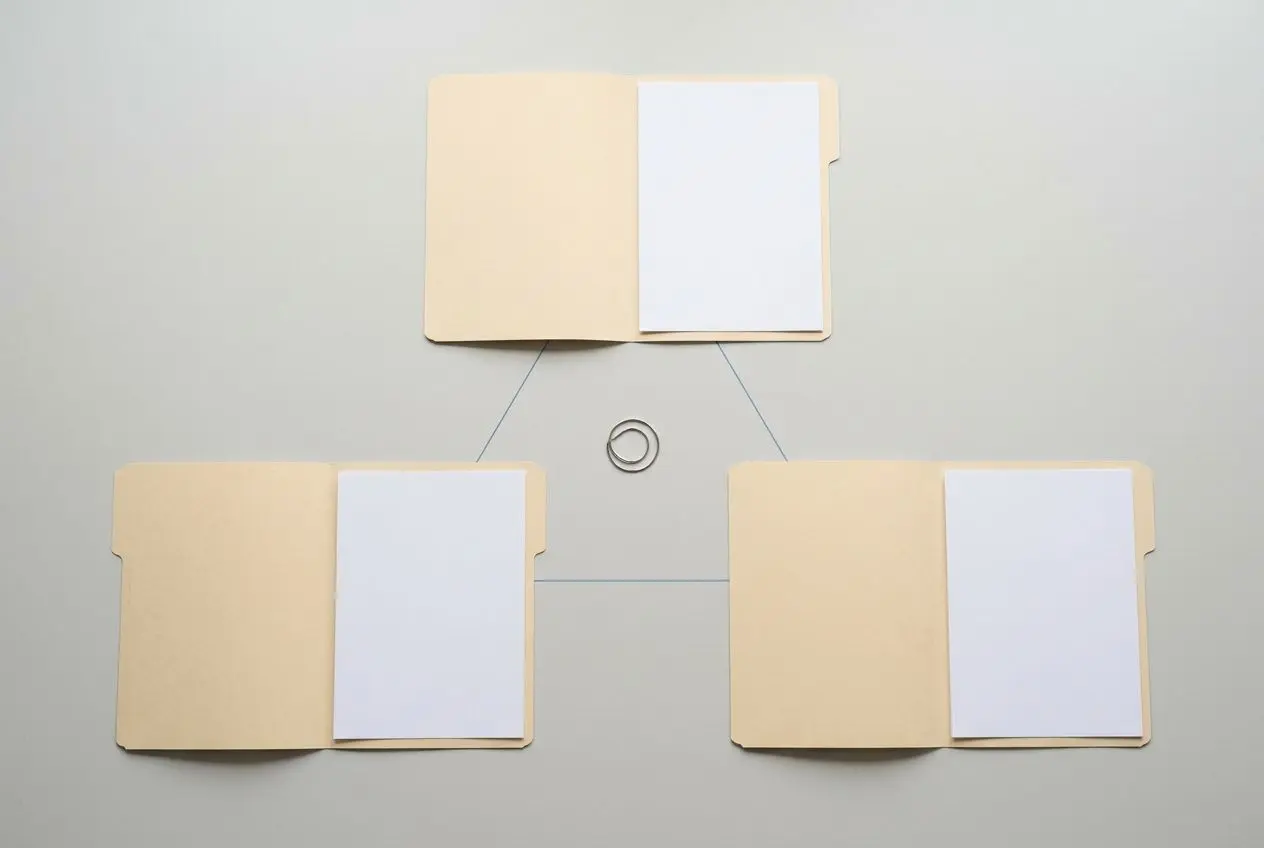 Trois dossiers reliés autour d’un anneau, suggérant une organisation de documents pour un contrat de mission temporaire.