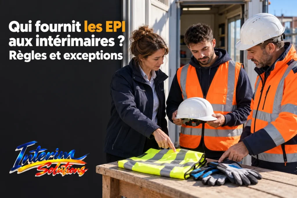 Trois personnes en chantier examinent des EPI sur une table, avec des gants et un casque de sécurité.