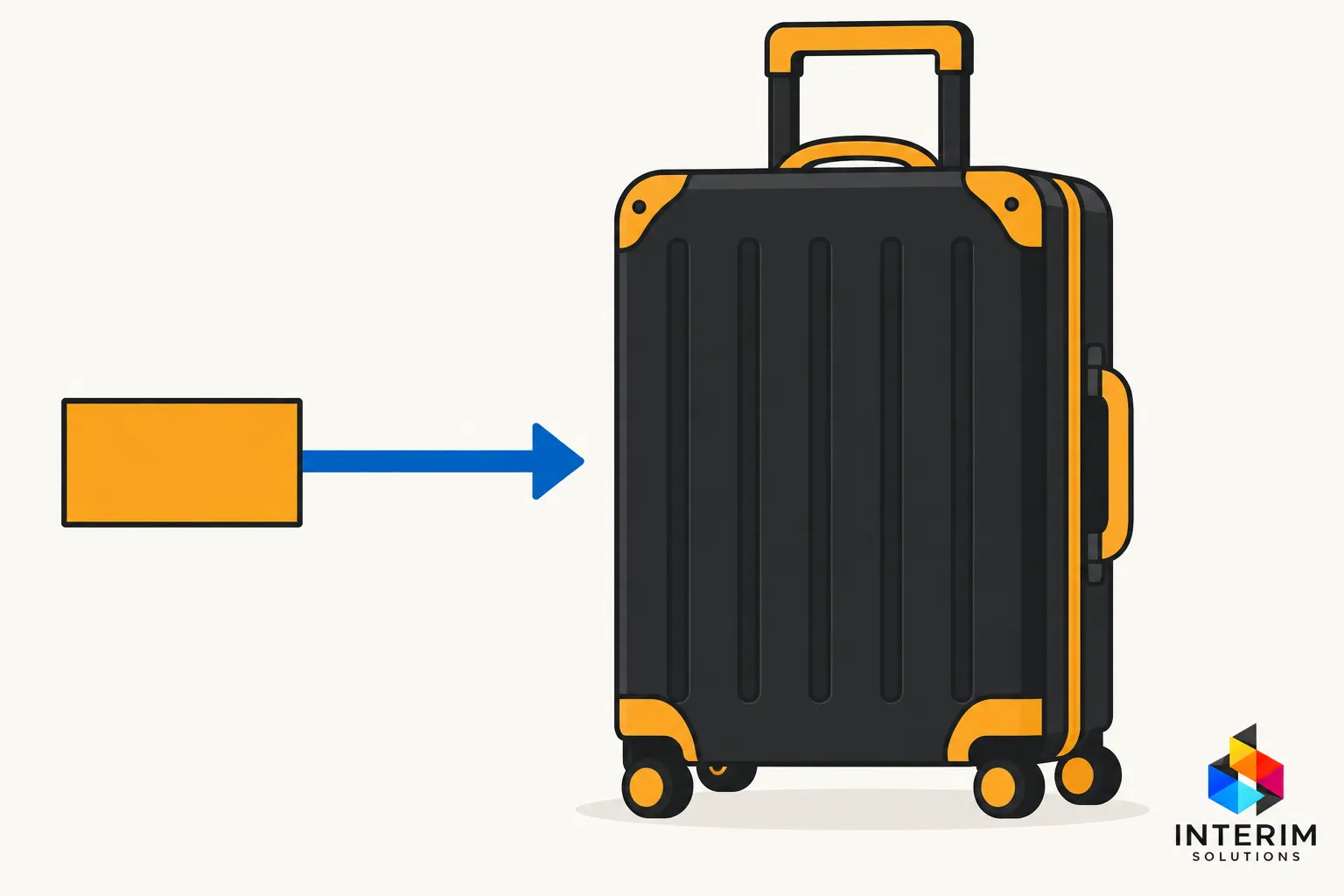 Une valise noire avec des coinets orange et une flèche bleue pointant vers elle.