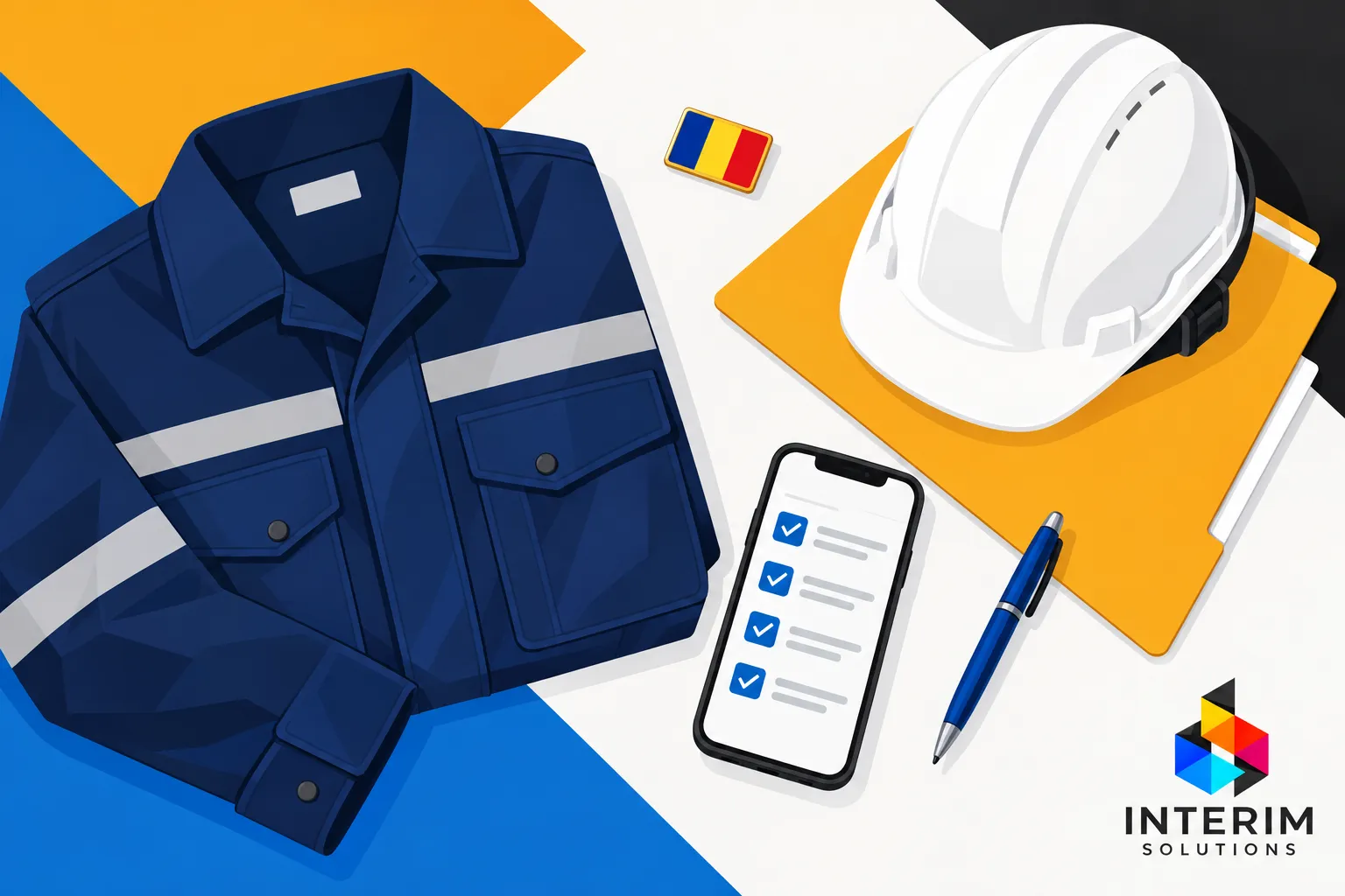 Veste de travail bleue, casque blanc et carnet avec stylos sur une table, symbole d’équipements et de gestion du personnel